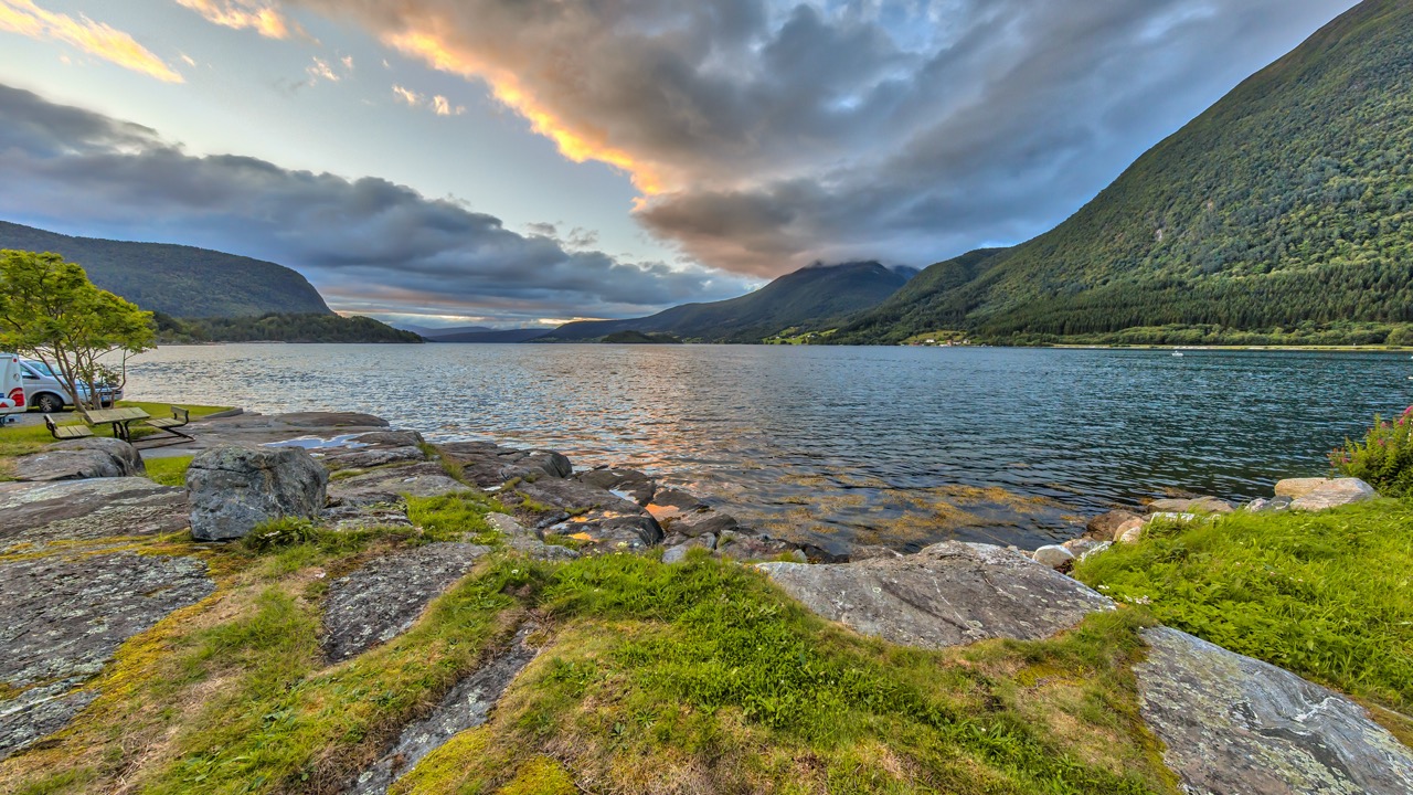 Sunset over norwegian fjord. Specificly Romsdalsfjord in More og Romsdal region, Norway